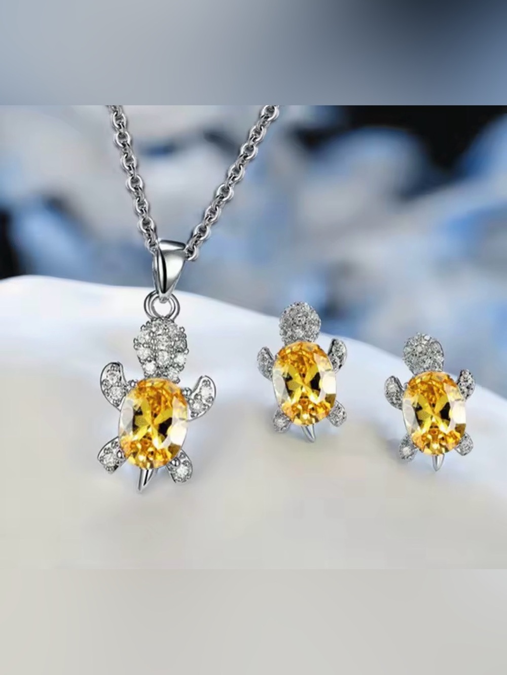 Yellow Crystal Turtle Pendant Necklace and Earrings Set